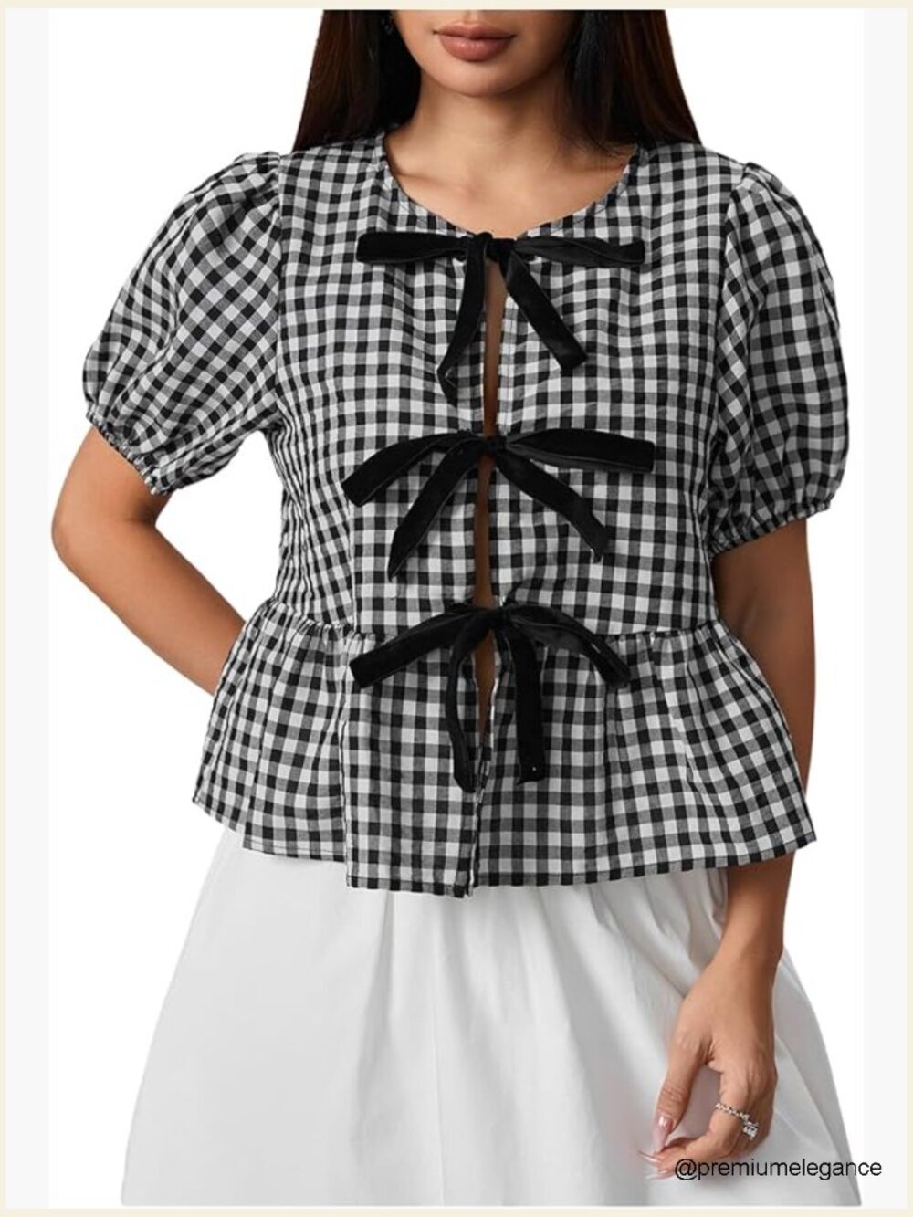 Gingham Peplum Top with Bow Tie - Short Puff Sleeve